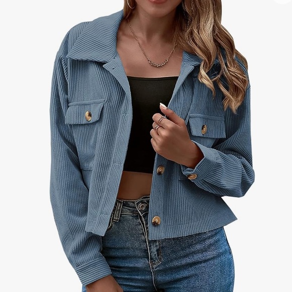 Blue Corduroy Button Up Cropped Jacket - Picture 3 of 9